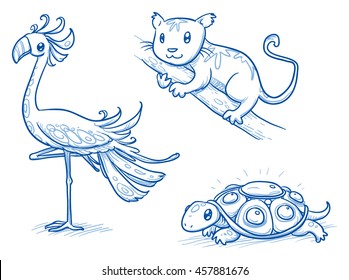 Conjunto de fantásticos animales, criaturas, flamingo, tortuga, oso o meerkat. Ilustración vectorial de doodle dibujada a mano.