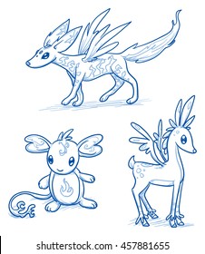 Set of fantastic animals, creatures, winged fox, deer, mouse like cute furry thing. Hand drawn doodle vector illustration.