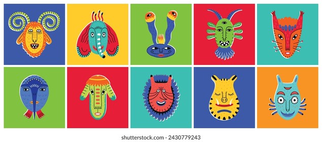 Set of fantastic beasts. Trendy vector illustrations. Comic, funny cartoons. Bright colors. T-shirt prints. Sticker collection.