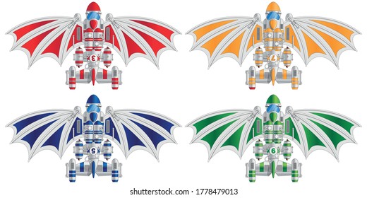 Set of fantastic colored spaceships. Isolated on white background. Vector illustration. 
