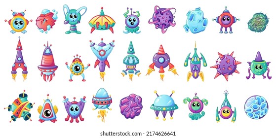 A set of fantastic colorful planets and aliens isolated on a white background. Ufo, spaceships and rockets with planets or asteroids. Space collection for game design. Vector illustration.