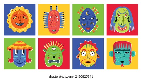 Set of fantastic creatures. Trendy vector illustrations. Comic, funny cartoons. Bright colors. T-shirt prints. Sticker collection.