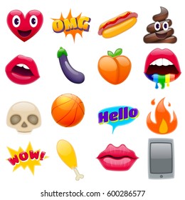 Set Of Fantastic Cute Smiley Emoticons, Chic Emoji Design Set. Bright Icons Of Lips. Fire, Hello Expression, Cellphone, Eggplant, Peach, Hot Dog, Chicken Leg, Skulls. Stickers And Patches