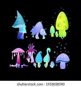 A set of fantastic fairy mushrooms isolated on a black background. Vector illustration, divided into different layers.