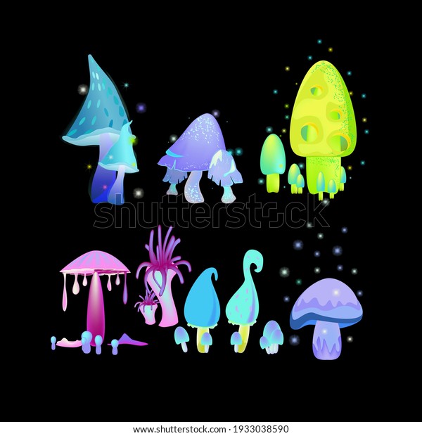A set\
of fantastic fairy mushrooms isolated on a black background. Vector\
illustration, divided into different\
layers.
