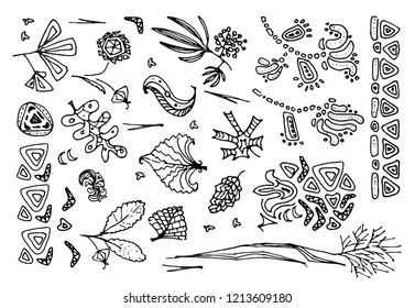 Set of Fantastic Hand Drawn Floral Design Elements Isolated on White Background. Vector Illustration of Doodle Plants or Fictional Herbarium with Aztec Ornament Elements