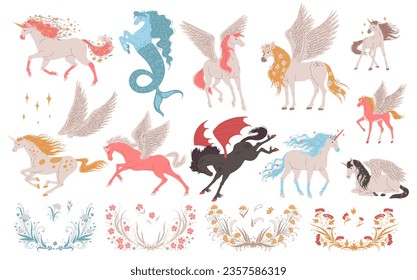 Set of fantastic horses, unicorns and pegasus, cartoon flat vector illustration isolated on white background. Colorful fairy animals. Cute horses with flowers in mane, great for kids designs.