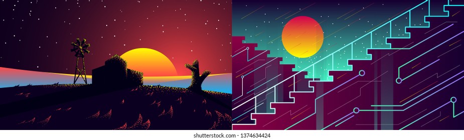 Set of fantastic landscapes. Background made of simple elements