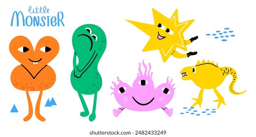 Set Fantastic little monsters.abstract creatures with different emotions.Colorful hand drawn vector illustration isolated on white background