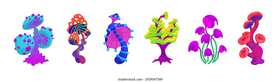 A set of fantastic mushrooms. Collection of a variety of fabulous mushroom plants. Magical alien plants of different shapes and colors. Vector illustration of an alien group on a white background.