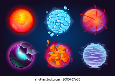 Set of fantastic planets, cartoon galaxy ui game asteroids. Cosmic world, alien space design elements. Earth, satellite with rings, water drops, glow and exploding comets surface. Vector illustration