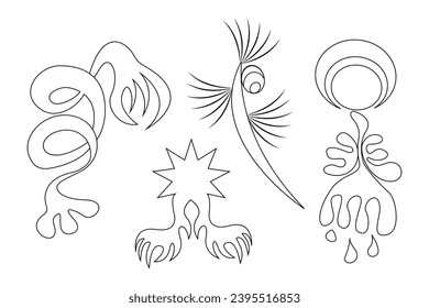 Set of fantastic plants highlighted on white background. Vector, black outline