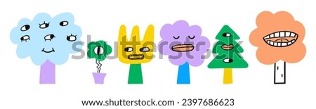 Set of fantastic plants highlighted on white background. Hand drawn vector illustrations. Cartoon magical trees.