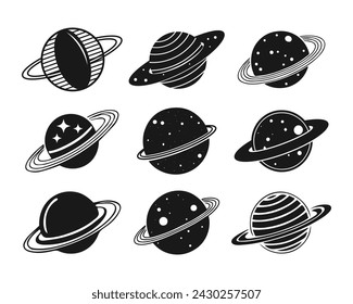 Set of fantastic space planets. Black and white silhouettes for design. Vector