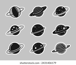 Set of fantastic space planets. Icons, stickers. Black and white silhouettes. Vector