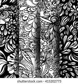 Set of fantasy abstract floral patterns. Zentangle patterns. Vector illustration.