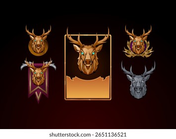 set of fantasy ancient deer head rpg logo icon with medal, card, banner