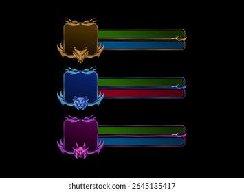 set of fantasy ancient medieval avatar bar meter frame with dragon, lion, anubis head in gold and diamond