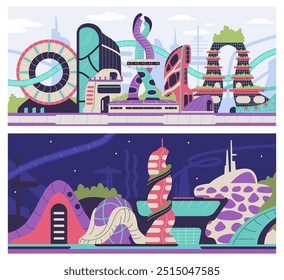 Conjunto de paisagens urbanas arquitetônicas de fantasia. Ilustrações vetoriais de cidades futuras em cenas diurnas e noturnas com arranha-céus geométricos personalizados. Estilo de design plano.