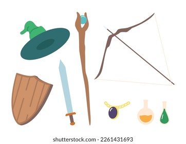 Set of Fantasy Armor and Wizardry Items. Sorcerer Hat, Potion Bottle, Flask and Magic Staff. Wooden Shield, Sword and Bow with Jewelry Necklace Isolated Icons. Cartoon Vector Illustration