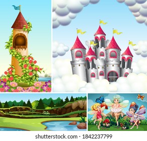 Set of fantasy background or scene illustration