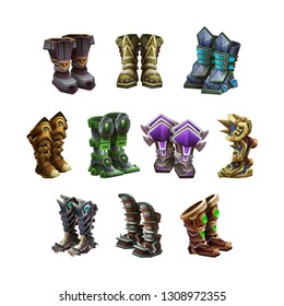 Set of fantasy boots armor for game isolated on white background. Vector illustration.