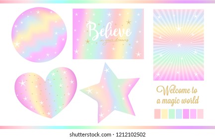 Set fantasy card for little princess  Unicorn rainbow stickers in pastel colors ( pale yellow  light green  red  violet) and white stars  golden dust  Cute sweet clouds  birth invite  Magic world
