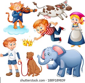 Set of fantasy cartoon character and animal isolated on white background illustration
