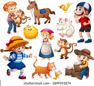 Set of fantasy cartoon character and animal isolated on white background illustration