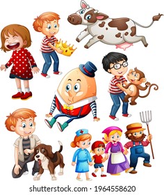 Set of fantasy cartoon character and animal isolated on white background illustration