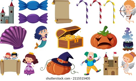 Set of fantasy cartoon characters and elements illustration