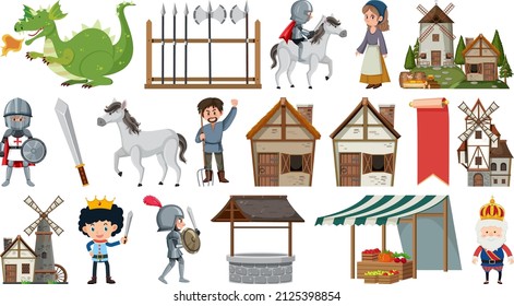 Set of fantasy cartoon characters and elements illustration