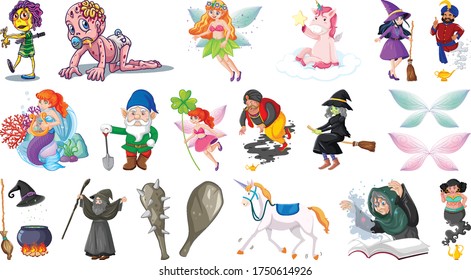 Set of fantasy cartoon characters and fantasy theme isolated on white background illustration