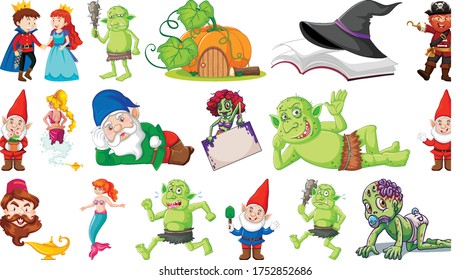 Set of fantasy cartoon characters and fantasy theme isolated on white background illustration