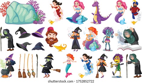 Set of fantasy cartoon characters and fantasy theme isolated on white background illustration