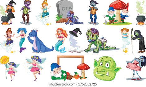 Set of fantasy cartoon characters and fantasy theme isolated on white background illustration