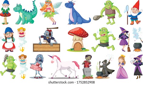 Set of fantasy cartoon characters and fantasy theme isolated on white background illustration