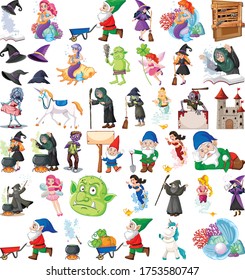 Set of fantasy cartoon characters and fantasy theme isolated on white background illustration