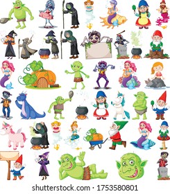 Set of fantasy cartoon characters and fantasy theme isolated on white background illustration