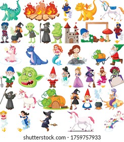 Set of fantasy cartoon characters and fantasy theme isolated on white background illustration