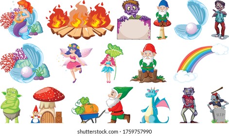 Set of fantasy cartoon characters and fantasy theme isolated on white background illustration