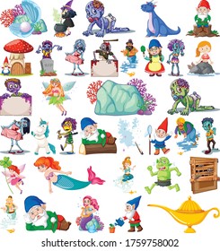 Set of fantasy cartoon characters and fantasy theme isolated on white background illustration