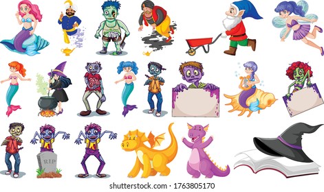 Set of fantasy cartoon characters and fantasy theme isolated on white background illustration