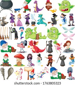 Set of fantasy cartoon characters and fantasy theme isolated on white background illustration