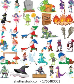 Set of fantasy cartoon characters and fantasy theme isolated on white background illustration