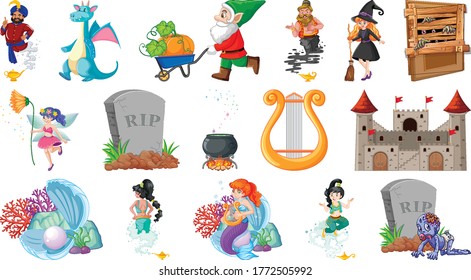 Set of fantasy cartoon characters and fantasy theme isolated on white background illustration