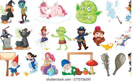 Set of fantasy cartoon characters and fantasy theme isolated on white background illustration