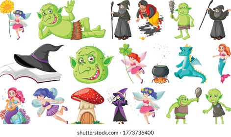 Set of fantasy cartoon characters and fantasy theme isolated on white background illustration