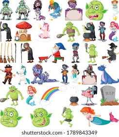 Set of fantasy cartoon characters and fantasy theme isolated on white background illustration