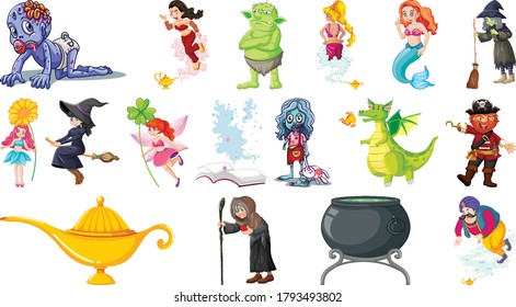 Set of fantasy cartoon characters and fantasy theme isolated on white background illustration